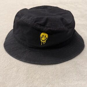 Black Bucket Hat with Yellow Smiley